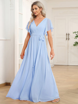 Short Sleeve Ruffle Deep V-Neck A-Line Floor Length Evening Dresses