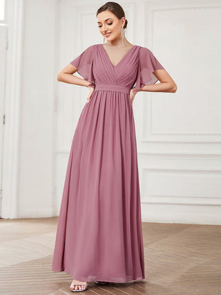 Short Sleeve Ruffle Deep V-Neck A-Line Floor Length Evening Dresses