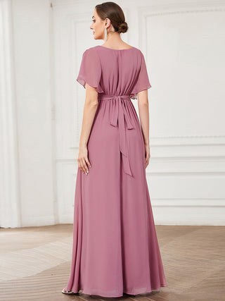 Short Sleeve Ruffle Deep V-Neck A-Line Floor Length Evening Dresses