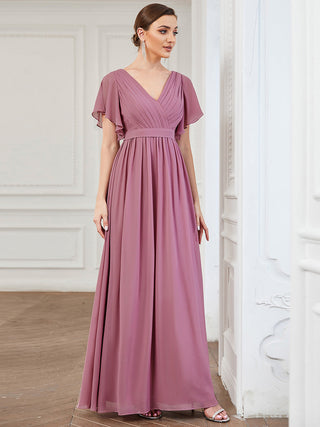 Short Sleeve Ruffle Deep V-Neck A-Line Floor Length Evening Dresses