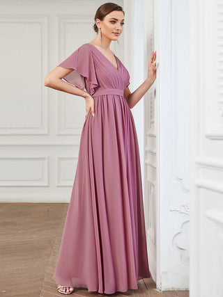 Short Sleeve Ruffle Deep V-Neck A-Line Floor Length Evening Dresses