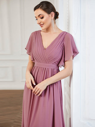 Short Sleeve Ruffle Deep V-Neck A-Line Floor Length Evening Dresses