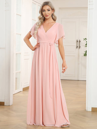 Short Sleeve Ruffle Deep V-Neck A-Line Floor Length Evening Dresses