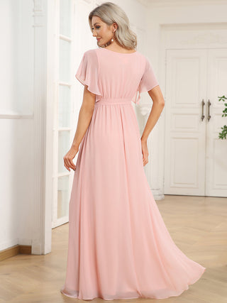 Short Sleeve Ruffle Deep V-Neck A-Line Floor Length Evening Dresses