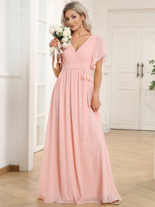 Short Sleeve Ruffle Deep V-Neck A-Line Floor Length Evening Dresses