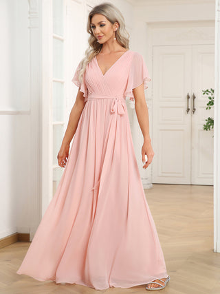 Short Sleeve Ruffle Deep V-Neck A-Line Floor Length Evening Dresses
