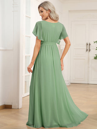 Short Sleeve Ruffle Deep V-Neck A-Line Floor Length Evening Dresses