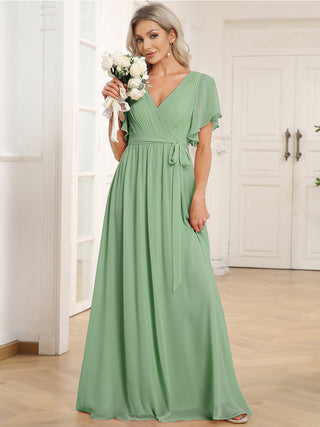 Short Sleeve Ruffle Deep V-Neck A-Line Floor Length Evening Dresses
