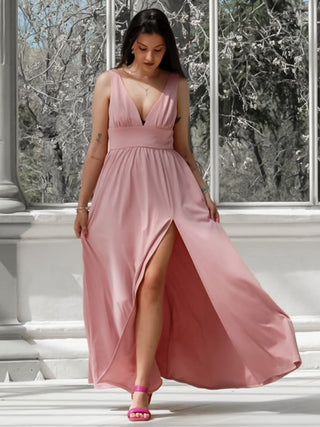 Sleeveless Bridesmaid Dresses with Deep V Neck and A Line
