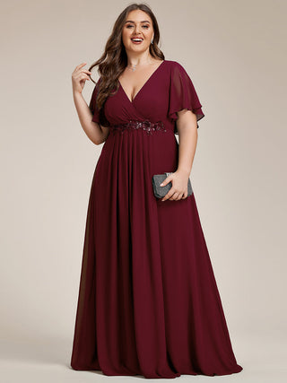 Short Sleeve Ruffle Appliques Deep V-Neck A-Line Floor Length Evening Dresses