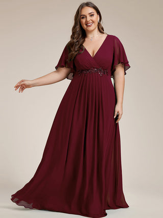 Short Sleeve Ruffle Appliques Deep V-Neck A-Line Floor Length Evening Dresses