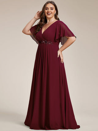 Short Sleeve Ruffle Appliques Deep V-Neck A-Line Floor Length Evening Dresses