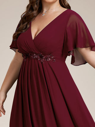 Short Sleeve Ruffle Appliques Deep V-Neck A-Line Floor Length Evening Dresses