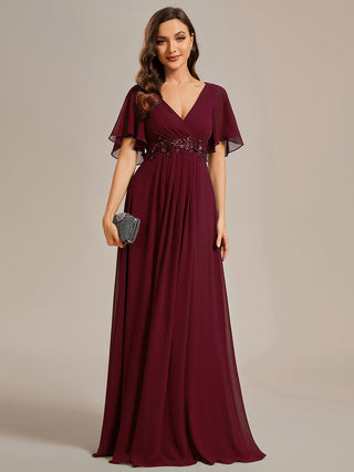 Short Sleeve Ruffle Appliques Deep V-Neck A-Line Floor Length Evening Dresses