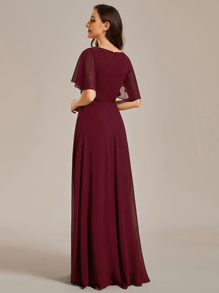 Short Sleeve Ruffle Appliques Deep V-Neck A-Line Floor Length Evening Dresses