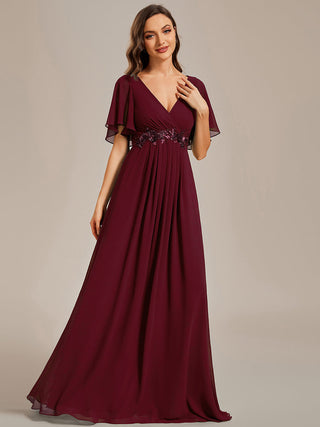 Short Sleeve Ruffle Appliques Deep V-Neck A-Line Floor Length Evening Dresses