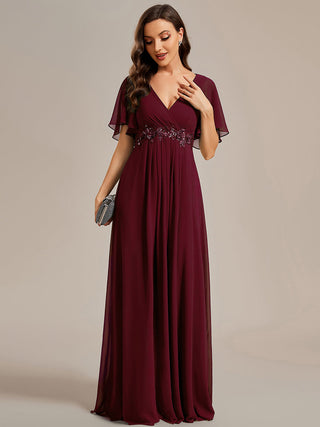 Short Sleeve Ruffle Appliques Deep V-Neck A-Line Floor Length Evening Dresses