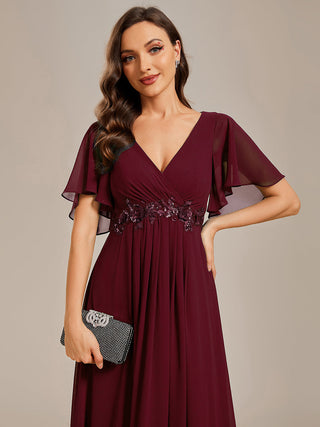 Short Sleeve Ruffle Appliques Deep V-Neck A-Line Floor Length Evening Dresses