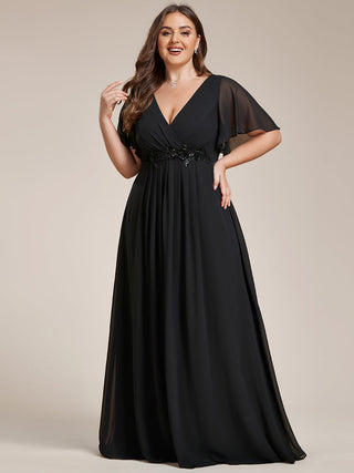 Short Sleeve Ruffle Appliques Deep V-Neck A-Line Floor Length Evening Dresses