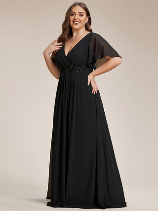 Short Sleeve Ruffle Appliques Deep V-Neck A-Line Floor Length Evening Dresses