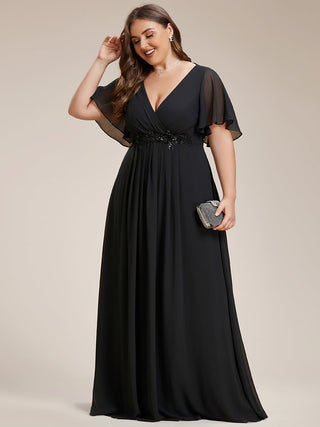Short Sleeve Ruffle Appliques Deep V-Neck A-Line Floor Length Evening Dresses