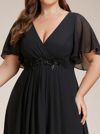 Short Sleeve Ruffle Appliques Deep V-Neck A-Line Floor Length Evening Dresses