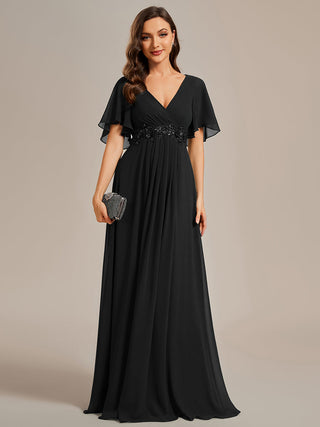Short Sleeve Ruffle Appliques Deep V-Neck A-Line Floor Length Evening Dresses