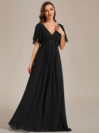 Short Sleeve Ruffle Appliques Deep V-Neck A-Line Floor Length Evening Dresses