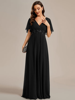 Short Sleeve Ruffle Appliques Deep V-Neck A-Line Floor Length Evening Dresses
