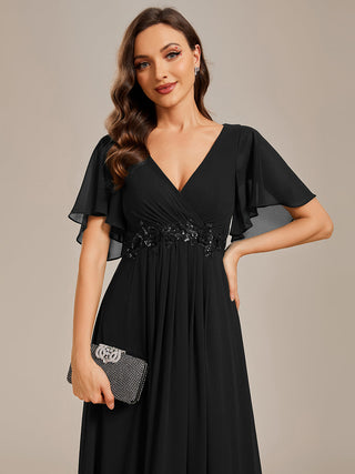 Short Sleeve Ruffle Appliques Deep V-Neck A-Line Floor Length Evening Dresses