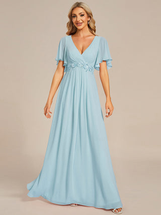Short Sleeve Ruffle Appliques Deep V-Neck A-Line Floor Length Evening Dresses