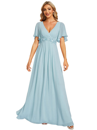 Short Sleeve Ruffle Appliques Deep V-Neck A-Line Floor Length Evening Dresses