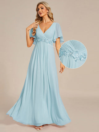 Short Sleeve Ruffle Appliques Deep V-Neck A-Line Floor Length Evening Dresses