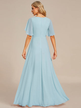 Short Sleeve Ruffle Appliques Deep V-Neck A-Line Floor Length Evening Dresses