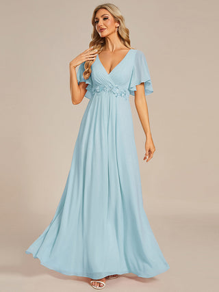 Short Sleeve Ruffle Appliques Deep V-Neck A-Line Floor Length Evening Dresses