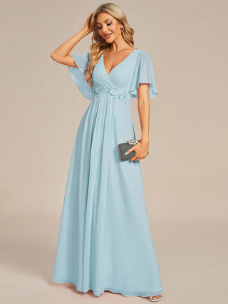 Short Sleeve Ruffle Appliques Deep V-Neck A-Line Floor Length Evening Dresses
