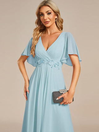 Short Sleeve Ruffle Appliques Deep V-Neck A-Line Floor Length Evening Dresses
