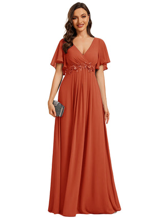 Short Sleeve Ruffle Appliques Deep V-Neck A-Line Floor Length Evening Dresses