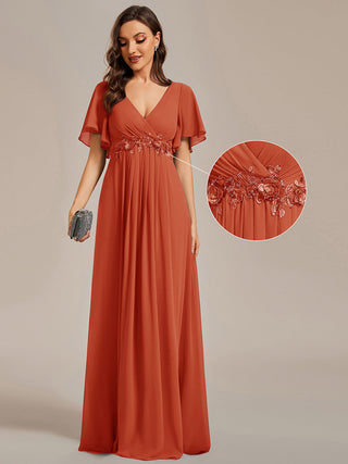 Short Sleeve Ruffle Appliques Deep V-Neck A-Line Floor Length Evening Dresses
