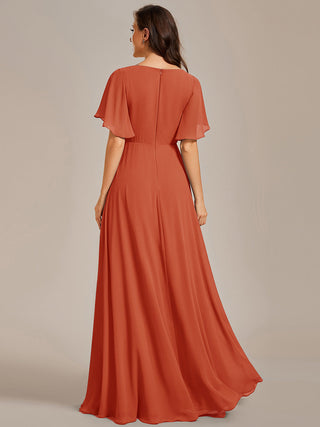 Short Sleeve Ruffle Appliques Deep V-Neck A-Line Floor Length Evening Dresses
