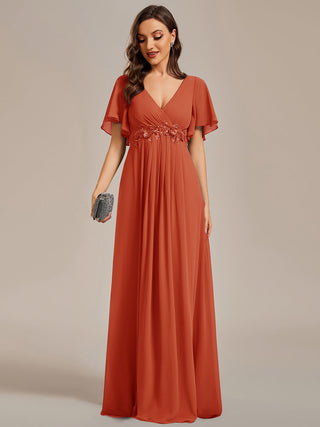 Short Sleeve Ruffle Appliques Deep V-Neck A-Line Floor Length Evening Dresses