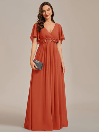 Short Sleeve Ruffle Appliques Deep V-Neck A-Line Floor Length Evening Dresses