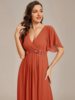 Short Sleeve Ruffle Appliques Deep V-Neck A-Line Floor Length Evening Dresses