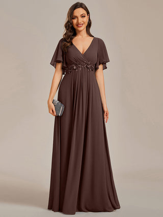 Short Sleeve Ruffle Appliques Deep V-Neck A-Line Floor Length Evening Dresses