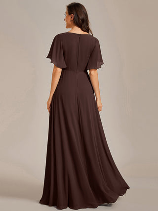 Short Sleeve Ruffle Appliques Deep V-Neck A-Line Floor Length Evening Dresses