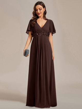 Short Sleeve Ruffle Appliques Deep V-Neck A-Line Floor Length Evening Dresses