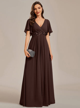 Short Sleeve Ruffle Appliques Deep V-Neck A-Line Floor Length Evening Dresses