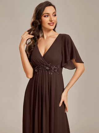 Short Sleeve Ruffle Appliques Deep V-Neck A-Line Floor Length Evening Dresses