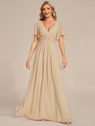 Short Sleeve Ruffle Appliques Deep V-Neck A-Line Floor Length Evening Dresses