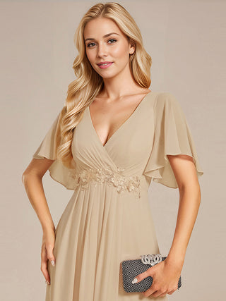 Short Sleeve Ruffle Appliques Deep V-Neck A-Line Floor Length Evening Dresses